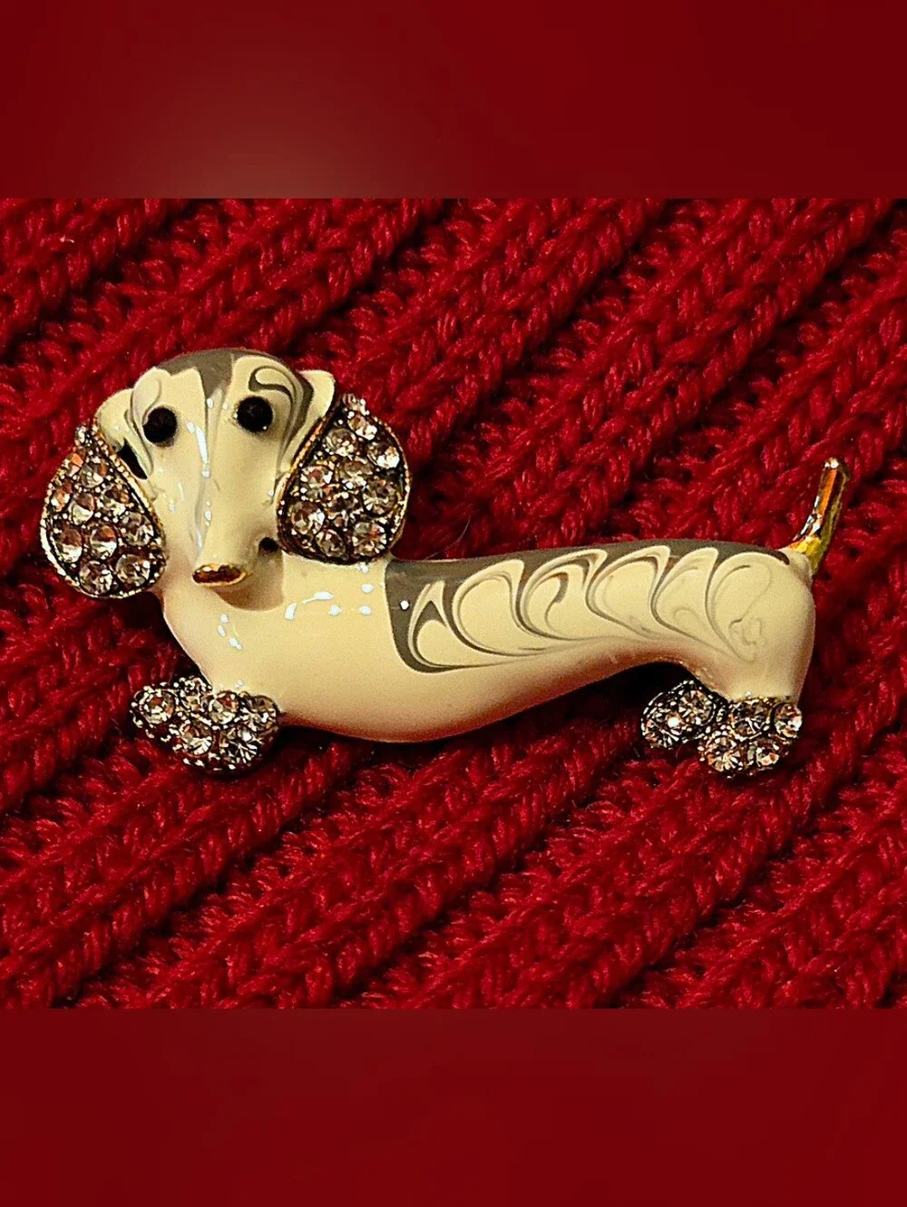 Artisan Cream and Gold Dachshund Brooch Pin